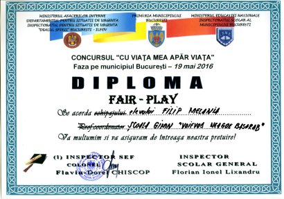 Diploma Cu viata mea apar viata 2016 - Filip Melania - FAIR PLAY